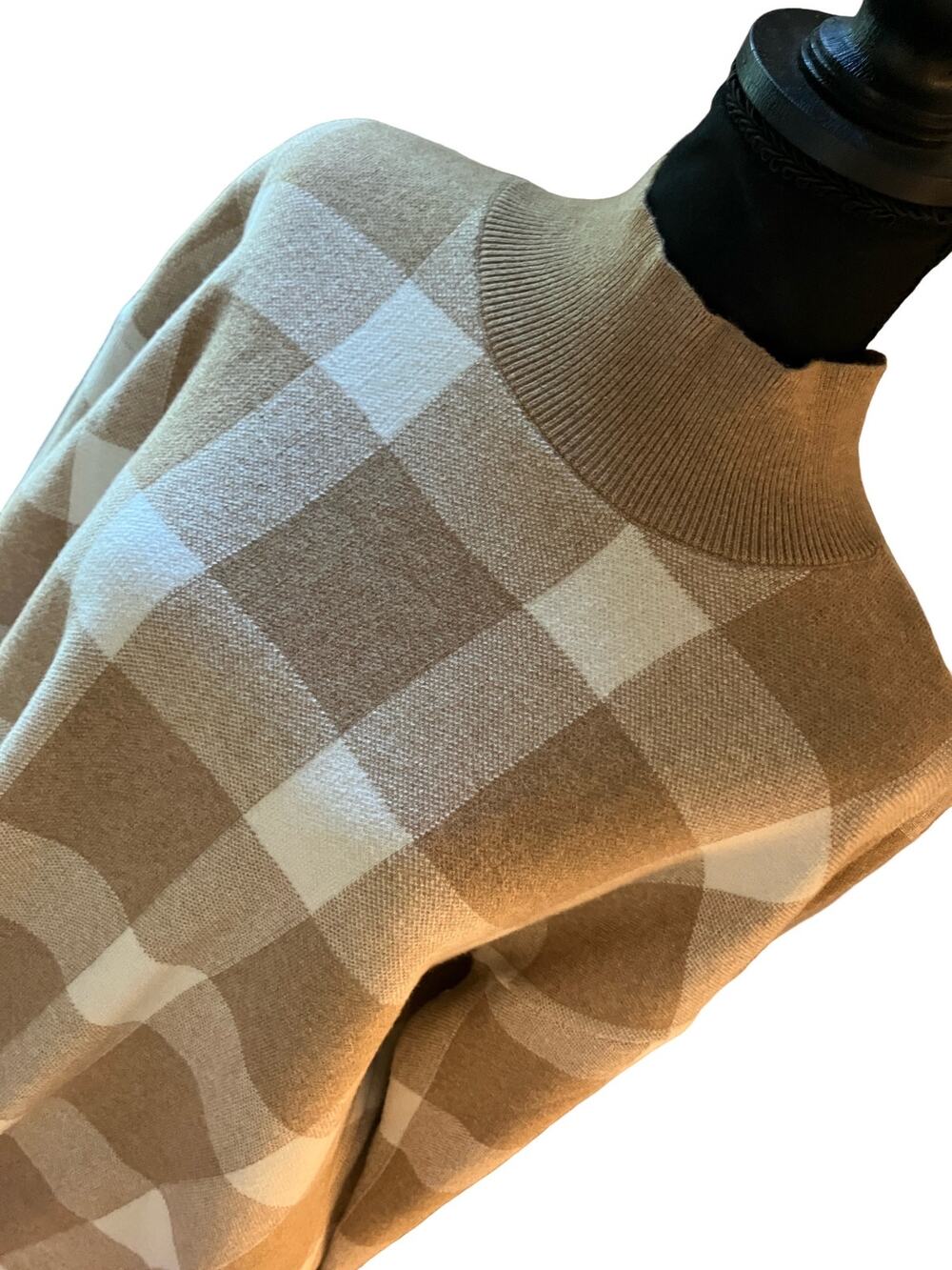 Loft Mock Neck Sweater Tan and Cream Plaid Pattern Size M